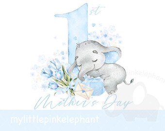 Könnte beinhalten: Aquarell-Illustration eines schlafenden, grauen Baby-Elefanten, neben einem Strauß blauer Tulpen und der blauen Zahl 1. Der Text "1st Mother's Day" ist in hellblauer Schrift geschrieben.