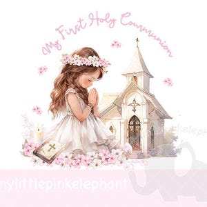Minha Primeira Comunhão Sagrada PNG, Clipart de Primeira Comunhão de Menina Orando, Design de Cartão de Comunhão Sagrada, Download Digital Instantâneo