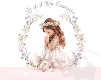 Min första heliga nattvard PNG, vildblomsterkrans, bedjande flicka första nattvard Clipart, nattvardskortdesign, omedelbar digital nedladdning