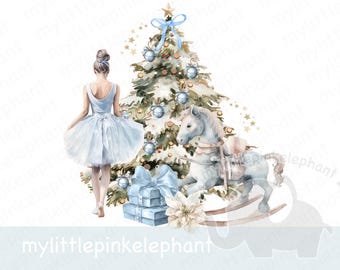 Blaue Weihnachtsballerina, Schaukelpferd & Baum PNG, Weihnachtsbaum Sublimationsdesign, Weihnachtskartendesign, sofortiger digitaler Download