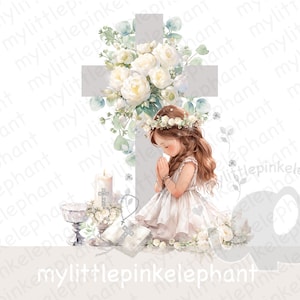 Eerste communie kruis kelk PNG, meisje 1e communie sublimatie ontwerp, bloemenkruis, Bijbel, bidden, instant digitale download