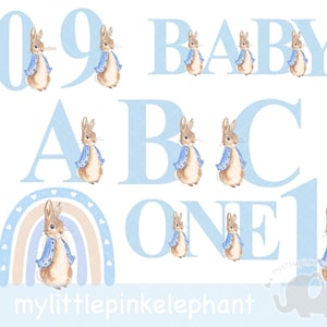 Paquete de Peter Rabbit (de 1 a 9 años, A-Z), Conejito Flopsy PNG, Imágenes digitales, Decoración de guardería, Cumpleaños, Baby Shower, Niño, Rosa, Clipart de sublimación, UV/DTF