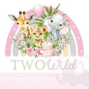 Meninas selvagens dois animais de safári bebê em coroas de flores PNG, design de sublimação de primeiro aniversário, festa de 2º aniversário, download digital instantâneo