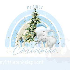 Blue Baby elephant My First Christmas PNG, Christmas Baby Vest PNG, 1st Christmas rainbow, Christmas tree, blue rainbow, baby elephant