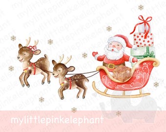 Jultomten med renar och släde, jul PNG, julklippkonst, julsäckdesign, julkort, sublimering, omedelbar digital nedladdning