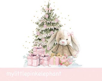 Pink Bunny & Christmas Tree PNG, Christmas Rabbit Sublimation Design, Christmas Card Design, Santa Sack Design, Instant Digital Download