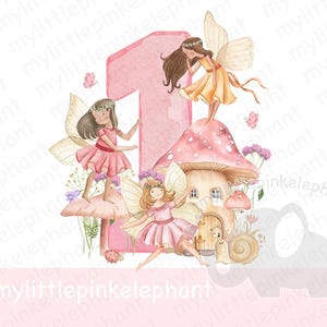 Aquarell Rosa Fee Fliegenpilz Nummer 1 PNG, One Fairies Sublimationsdesign, Fee Geburtstag Party Dekor, Fairy Party, Sofort Download