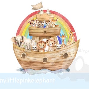 May include: A watercolor illustration of a wooden ark with a rainbow above it. The ark is filled with various animals, including a lion, giraffe, elephant, and zebra. The ark is floating on a blue wave.