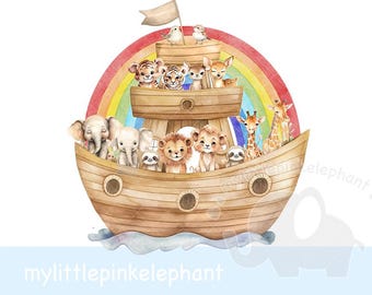 Könnte beinhalten: Eine Aquarell-Illustration einer hölzernen Arche mit einem Regenbogen darüber. Die Arche ist mit verschiedenen Tieren gefüllt, darunter ein Löwe, eine Giraffe, ein Elefant und ein Zebra. Die Arche schwimmt auf einer blauen Welle.