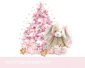 Pink Bunny & Christmas Tree PNG, Christmas Rabbit Sublimation Design, Christmas Card Design, Santa Sack Design, Instant Digital Download