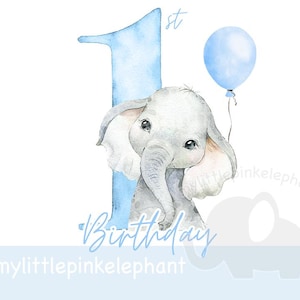 Bebê elefante 1º aniversário PNG, design de sublimação de elefante aquarela floral azul, imagem de cartão de primeiro aniversário, download digital instantâneo