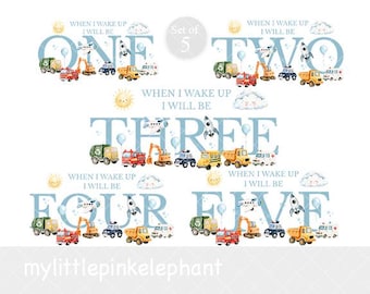 May include: A set of five digital prints featuring the text "WHEN I WAKE UP I WILL BE" followed by the words ONE, TWO, THREE, FOUR, and FIVE in large blue letters. Each design includes watercolor illustrations of vehicles, suns, and clouds.