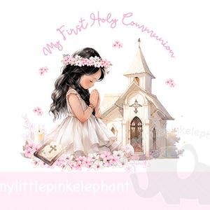 Mi Primera Comunión PNG, Clipart de Primera Comunión de Niña Rezando, Diseño de Tarjeta de Primera Comunión, Descarga Digital Instantánea