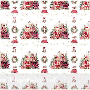 Könnte beinhalten: Ein sich wiederholendes Muster auf weißem Hintergrund mit Aquarellillustrationen von als Weihnachtsmann verkleideten Teddybären, roten Dampfzügen, Weihnachtsbäumen, Geschenkkartons, Kränzen mit roten Schleifen und Schlittschuhen.