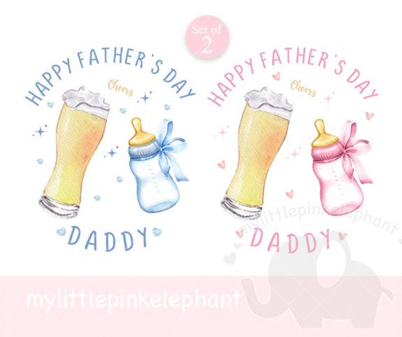 May include: Set of two watercolor illustrations for Father's Day. The illustrations feature a beer glass and a baby bottle. The beer glass is yellow with a white foam top and the baby bottle is blue with a white nipple. Both illustrations have the text "Happy Father's Day" and "Daddy" in pink and blue.
