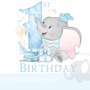 May include: A blue and white watercolor illustration of a baby elephant with a blue hat and a blue and yellow bow tie. The elephant is holding a blue and white cake with a single candle. The illustration also includes a blue number one with the word "ST" above it and the word "BIRTHDAY" below it. The text "mylittlepinkelephant" is at the bottom of the illustration.