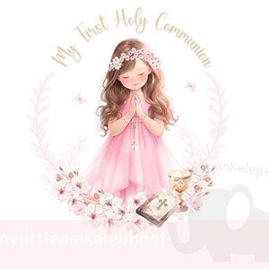 La mia prima comunione PNG, Clipart della prima comunione della bambina che prega, Design della carta della comunione, Download digitale istantaneo