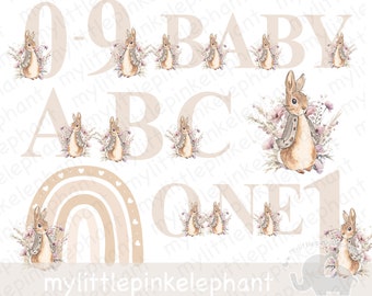 Peter Rabbit Bundle Ages 1-9 A-Z, Flopsy Bunny PNG, Set Digital Images, Nursery Birthday Baby Shower Girl Beige, Sublimation Clipart, UV/DTF