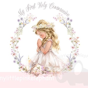 Minha Primeira Comunhão PNG, Menina Orando Loira Primeira Comunhão Clipart, Design de Cartão de Comunhão Sagrada, Download Digital Instantâneo