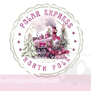 Sello Polar Express rosa oscuro Clipart, tren navideño tradicional, campana Believe, diseño de camiseta PNG, boleto, diseño de tarjeta, imagen de sublimación