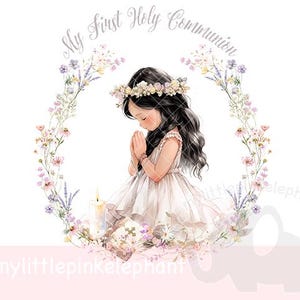 Meine erste heilige Kommunion PNG, wilder Blumenkranz, betendes Mädchen erste Kommunion Clipart, heilige Kommunionkartendesign, sofortiger digitaler Download