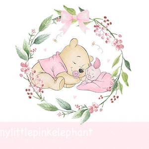May include: A watercolor illustration of a yellow bear wearing a pink shirt and a small pink piglet sleeping inside a floral wreath. The wreath features green leaves, pink flowers, and a pink bow at the top. The text mylittlepinkelephant is at the bottom.