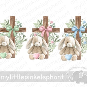 May include: Three watercolour illustrations of a wooden cross with a plush bunny sitting in front of it. The crosses are decorated with floral greenery and a ribbon in either green, pink, or blue. The bunnies are holding a heart in the same colour as the ribbon.