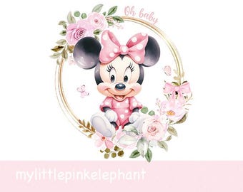 Klassische Minnie Maus Oh Baby Rosa Blumenkranz PNG, Winnie The Pooh Baby Shower Sublimation, Minnie Maus, sofortiger digitaler Download