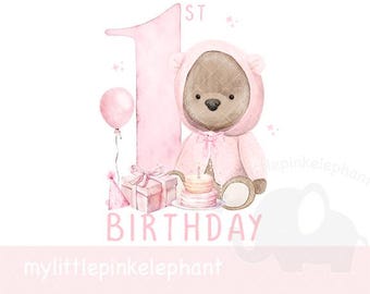 Teddy Bear girl Pink Balloon 1st Birthday PNG, bear 1st Birthday Sublimation Design, Pink Baby Girl First Birthday, Instant Digital Download