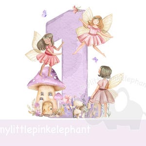 Aquarelle violet fée champignon vénéneux numéro 1 PNG, design en sublimation une fée, décoration de fête d'anniversaire fée, fête de fée, téléchargement immédiat