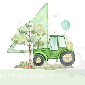 May include: A watercolour illustration of a green tractor, a number 4, and a tree. A green balloon with the number 4 floats above the tractor. The image has a whimsical, hand-painted style, with a white background.