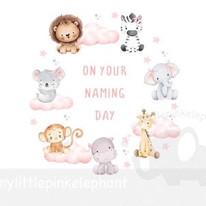 Couronne animal Safari bébé fille PNG, conception de sublimation Safari, le jour de votre fête, conception de cartes, baptême, animaux de safari, téléchargement immédiat