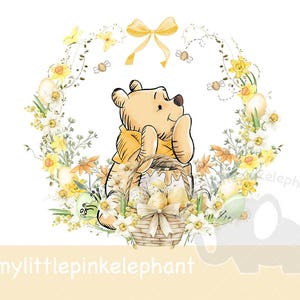 Winnie the Pooh Pasqua e fiori di narciso Pasqua, giardino primaverile, Pasqua PNG, acquerello PNG, download immediato, creazione di biglietti, sublimazione png