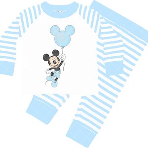 May include: A light blue and white striped pajama set. The top has a white centre with a cartoon Mickey Mouse holding a blue balloon. The pyjama set is designed for children.