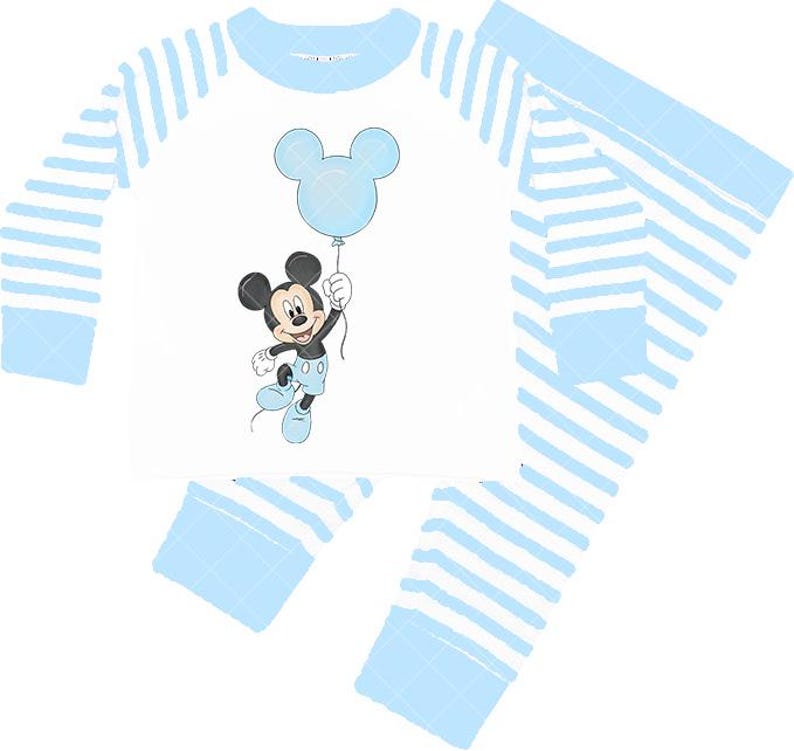 May include: A light blue and white striped pajama set. The top has a white centre with a cartoon Mickey Mouse holding a blue balloon. The pyjama set is designed for children.