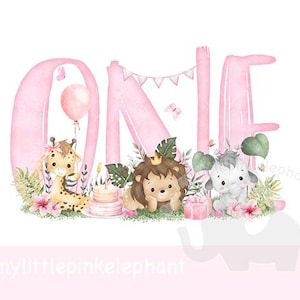 Girls Wild One Baby Safari Animals In Flower Crowns PNG, First Birthday Sublimation Design, 1st Birthday Party, Instant Digital Download