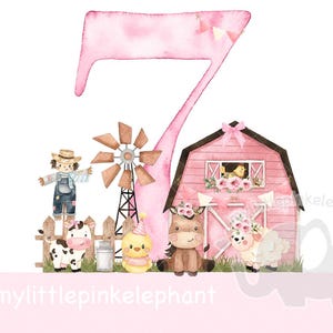 7e anniversaire petite fille rose ferme grange anniversaire fille PNG, conception de sublimation d'animaux de ferme, conception de T shirt de ferme de filles, téléchargement immédiat