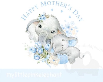 May include: Watercolor illustration featuring two gray elephants, one adult and one baby, with blue accents. The adult elephant wears a floral crown. The image includes the text "Happy Mother's Day" in light blue.