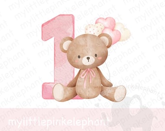 Teddy Bear Pink Balloons 1st Birthday PNG, First Birthday Sublimation ...