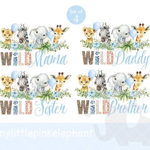 4er Set, Jungen Wild Baby Safari Tiere Mama, Papa, Bruder, Schwester PNG, Geburtstag Sublimation Design, wilde Geburtstagsparty, Instant Download