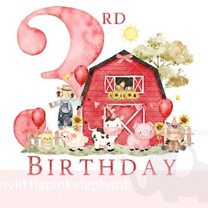 3e anniversaire rouge ferme grange anniversaire garçon PNG, sublimation animaux de la ferme, conception de T Shirt ferme garçons, carte d'anniversaire, téléchargement immédiat