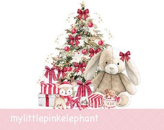 Red Bunny & Christmas Tree PNG, Christmas Rabbit Sublimation Design, Christmas Card Design, Santa Sack Design, Instant Digital Download
