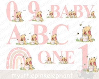 Winnie the Pooh Bundle Ages 1-9 A-Z, Winnie the Pooh PNG, Nursery Birthday Baby Shower Pink Beige, Sublimation Clipart, UV/DTF