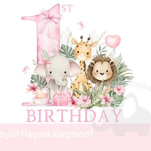 Girls Wild One Baby Safari Animals In Flower Crowns PNG, First Birthday Sublimation Design, 1st Birthday Party, Instant Digital Download