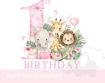 Girls Wild One Baby Safari Animals In Flower Crowns PNG, First Birthday Sublimation Design, 1st Birthday Party, Instant Digital Download