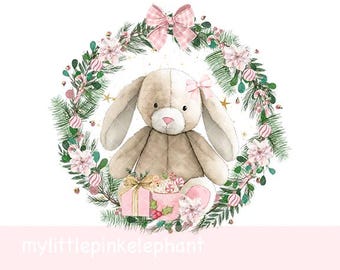 Pink Bunny & Christmas Wreath PNG, Christmas Rabbit Sublimation Design, Christmas Card Design, Santa Sack Design, Instant Digital Download