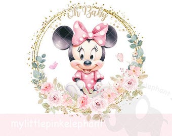 Klassische Minnie Maus Oh Baby Rosa Blumenkranz PNG, Minnie Maus Baby Shower Sublimation, rosa Minnie Maus, sofortiger digitaler Download
