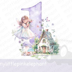 Clipart fée fille 1er anniversaire, numéro un violet, téléchargement numérique, png transparent, conception de t-shirt par sublimation, décoration de fête aquarelle