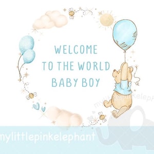 Winnie the Pooh Ballon PNG, Willkommen in der Welt Baby Boy Sublimationsdesign, neues Baby Boy Kartendesign, sofortiger digitaler Download