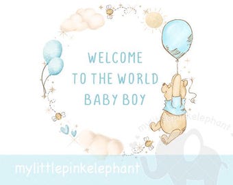 Winnie the Pooh balloon PNG, Welcome To The World Baby Boy Sublimation Design, New Baby Boy Card Design, Instant Digital Download